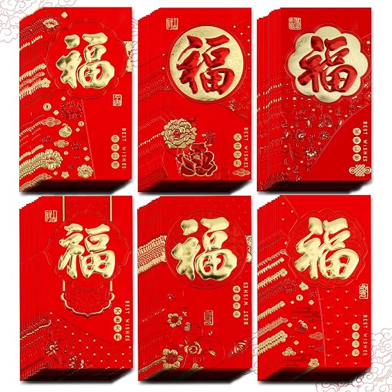 Red Envelopes Chinese, 72 Pcs Chinese New Year Red Envelopes, Lunar New Year Envelope, Good Fortune Pocket, Hong Bao, Chinese Luck Money Envelopes for New Year Eve Wedding Birthday Spring Festival