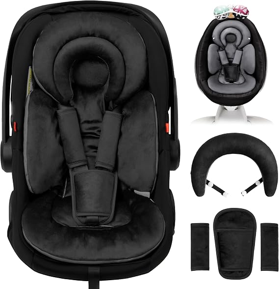 TinlyFinly Infant Car Seat Insert with Removable Cushion for Preemie to Toddler, Reversible Newborn Carseat Insert for Baby Head Body Support, Fits for Stroller, Baby Swing, Bouncer (Pure Black)
