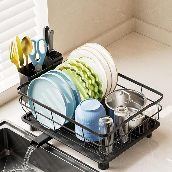 AIDERLY Auto Drain Metal Dish Drying Rack Dish Drainers, All Black