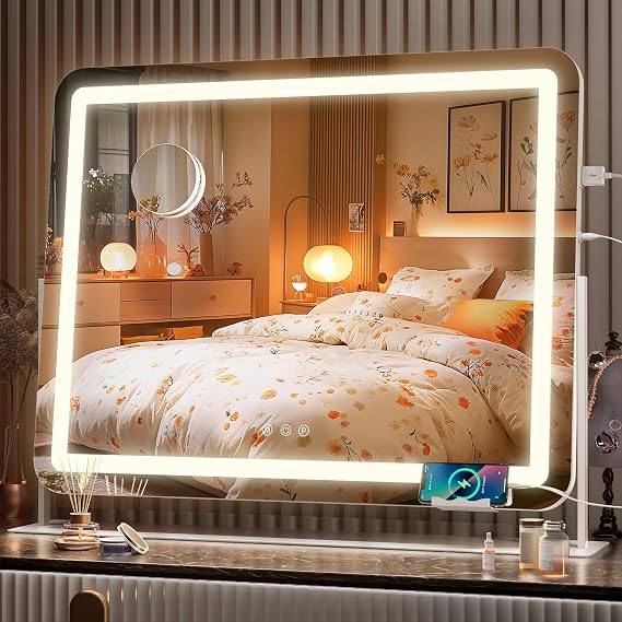Hasipu 25" x21 LED Vanity Mirror with Lights - Makeup Mirrors with 10X Magnification, USB Charging, 3 Color Dimmable, 360 Rotation (White)