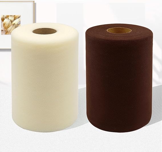 Tulle Fabric Rolls, 2 Pcs, 6 Inch by 100 Yards (300 feet) Fabric Spool Tulle Ribbon (Ivory, Brown)