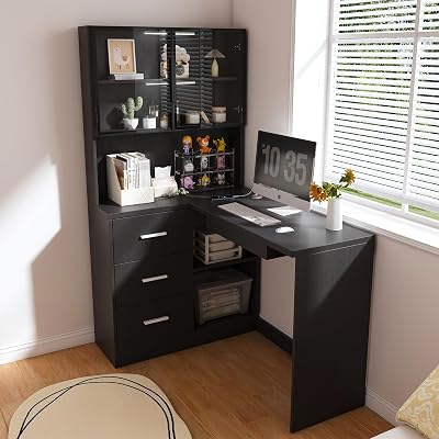 ZMAD L Shaped Desk with Hutch,Computer Desk with Glass Cabinets & Built-in LED Lights, Corner L-Shaped Office Desk with USB Charging Ports, Keyboard Tray Black