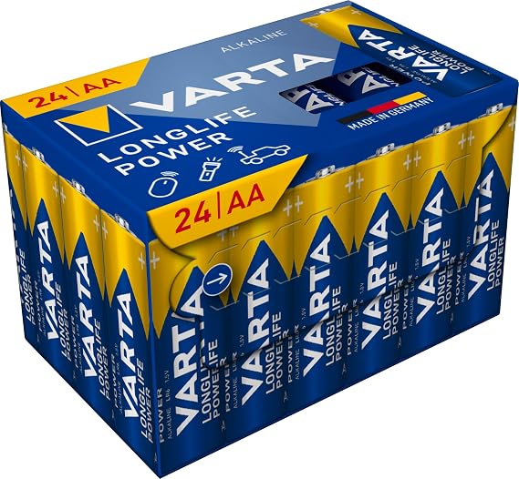 VARTA Batteries AA Pack of 24, Longlife Power, Alkaline, 1.5 V, Cube, Ideal for Toys, Wireless Mouse, Torches, Packaging 90% Recycled Made in Germany