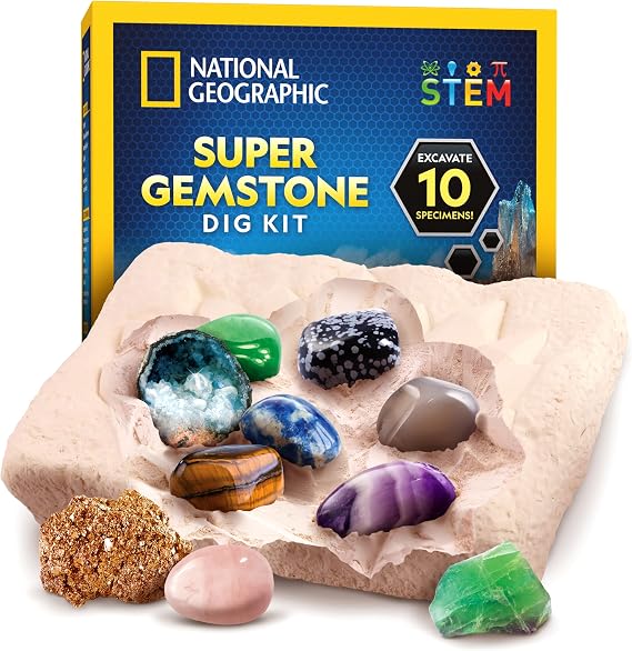 National Geographic Gemstone Dig Kit Dig Up 10 Real Gemstones and Crystals, Science Kit for Kids, Gem Digging Kit, Gift for Girls and Boys, Mining Kit, Rock Collection