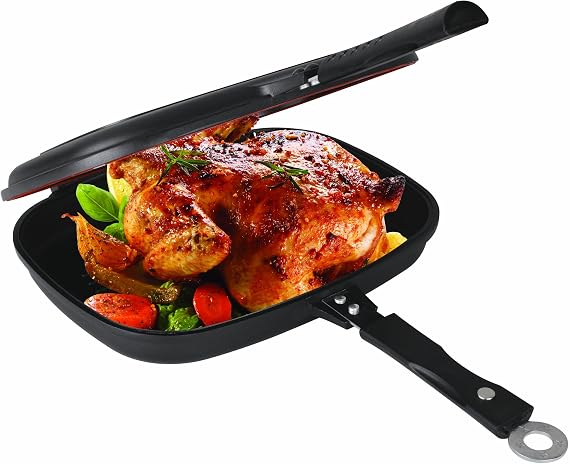 UNIWARE Super Quality Non-Stick Coating Double Grill Pan, Rectangular, Magnetic Bakelite Handle, 12.6 x 9.6 x 2.6 Inch