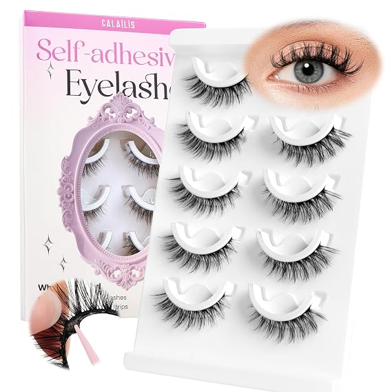 CALAILIS Self Adhesive Eyelashes Natural Look Wispy Press On Lashes No Glue Need Eyelashes 5 Pairs Reusable Cat Eye Self-adhesive False Lashes (C001)