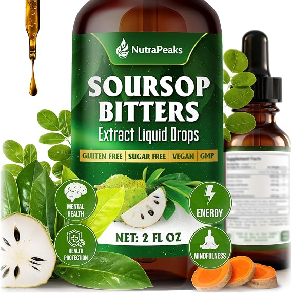 Soursop Bitters Liquid Drops Ashwagandha & Black Seed, 2 fl oz | Herbal blend with Black Seed, Moringa, Ashwagandha, Senna, Goat Weed & Ginger. Natural botanicals, 2 fl oz bottle.