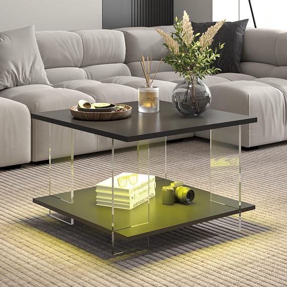 HedoAjim 24" Acrylic Coffee Table with Black Wood Tabletop, Minimalist Stylish Modern Square Center Table for Living Room,Led Living Room Table with Storage Shelf & Acrylic Frame for Small Space