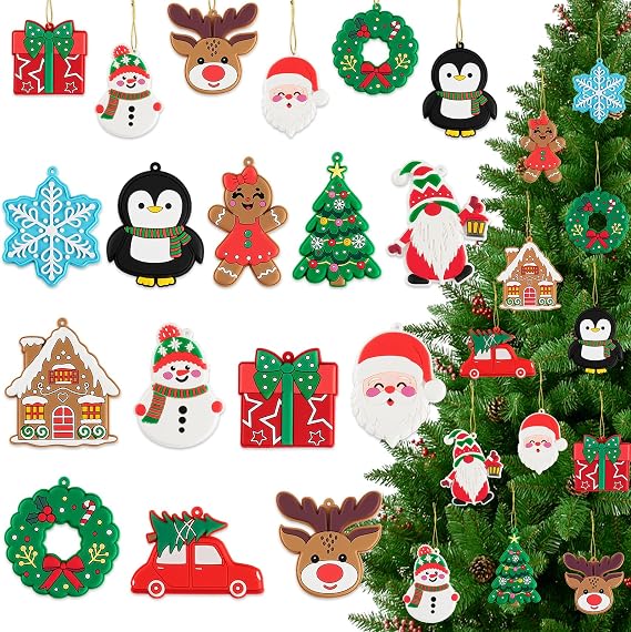 kockuu Christmas Ornaments for Tree Decorations, 24pcs Soft PVC Hanging Ornaments Snowflake Gingerbread House Snowman for Christmas Tree Gift Box, Winter Holiday Party, Home, Office Decor