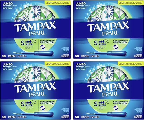 Tampax Pearl Tampons with Plastic Applicator, Super Absorbency, 200 Count, Unscented (50 Count, Pack of 4 - 200 Count Total)