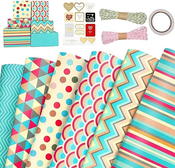 Bolivia's Hediye paketleme kağıdı, 6 Adet 50x70cm Bahar Temalı Set, Kurdele, Sticker ve Bant Dahil, Doğum Günleri İçin Mükemmel Hediye Paketleme Seti