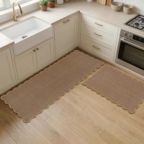 KIMODE Kitchen Rugs and Mats Set of 2 Scalloped Kitchen Mats for Floor | 17"x29"+17"x47", Brown,Non Slip,Washable,Farmhouse Scalloped Kitchen Runner Rug,Absorbent,Braided,Sink Mats for Home Decor