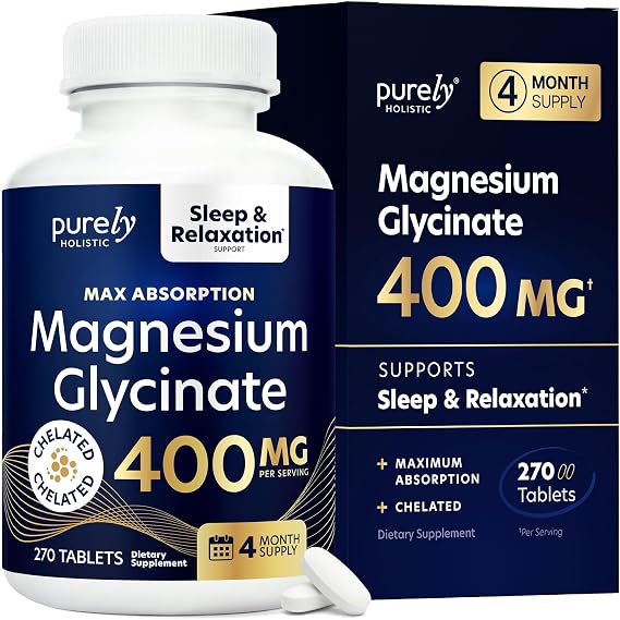 Magnesium Glycinate 400mg, 4+ Month Supply, Sleep, Relax & Muscle Support | High Absorption Magnesium Supplement for Women & Men, Gentle on Digestion, Vegan, Non-GMO, Gluten-Free, 270 Tablets