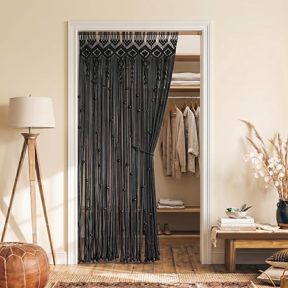 Lino Rosa Beaded Door Curtain for Doorway, Goth Witchy Black Macrame Beads Curtain for Closet Bedroom Wall Hanging Tapestry Grunge Room Decor