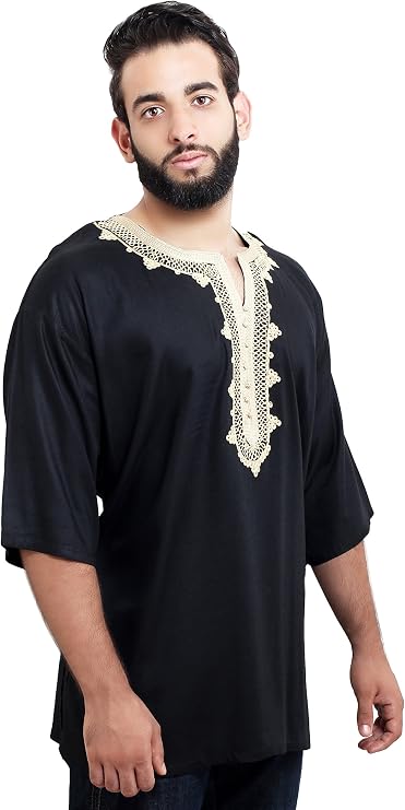 Moroccan Men Tunic Caftan Breathable Fiber Cotton Handmade Embroidery Ethnic Black