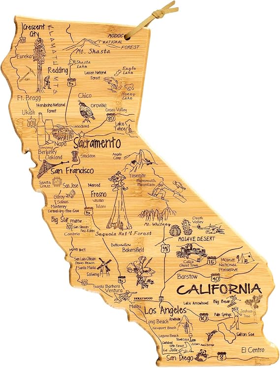 Totally Bamboo Destination California State Shaped Cutting Board, Bamboo Charcuterie and Cheese Serving Board for Kitchen with Hang Tie for Wall Display, 11 x 14.25 Inches