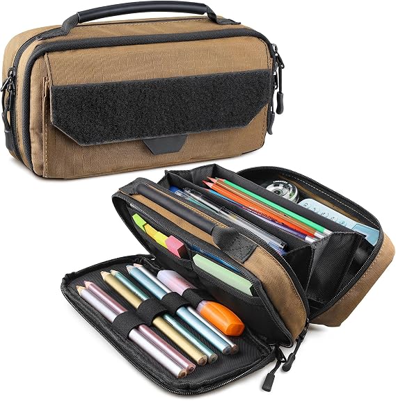 RXW Large Capacity Pencil Case Pouch for Boys, Zippered Tactical Pencil Bag Carry Handle, Small Tool Pouch for Adults (includes US Flag Patch + 2 MOLLE Straps)