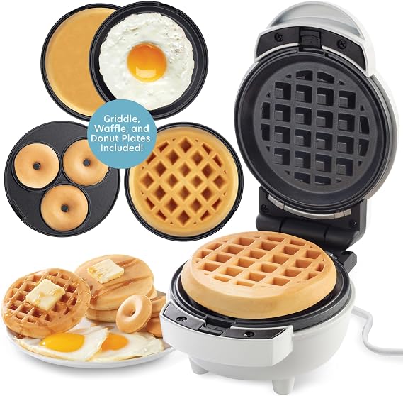 3 in 1 Mini Breakfast Maker- Make Mini Waffles, Donuts, Pancakes or Eggs | 1 Multi Use Appliance, Easily Swap & Clean Interchangeable Griddle Plates, Small Electric Nonstick Baker with Recipe Guide