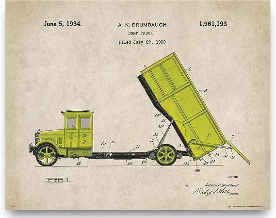Dump Truck Patent Poster Art Print 11X14 Wall Decor Picture Charles Freitag Vintage Construction Heavy Equipment
