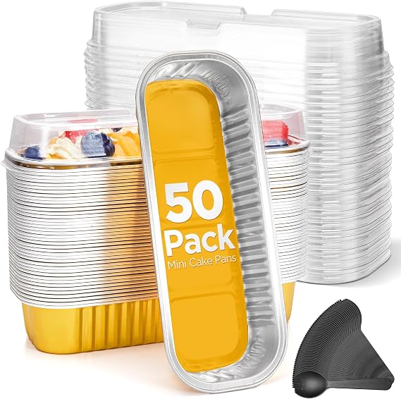 50 Pack Mini Cake Pans with Lids and Spoons Rectangle Aluminum Foil Loaf Baking Pans Cans Cupcake Containers Wrapper Cheesecake Creambrulee Ramekin - 7.5 oz Gold, 50 Pack