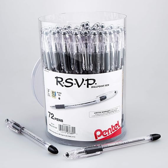 Pentel RSVP Ballpoint Pen, Fine Line, (0.7mm), Black Ink, 72 Pack Canister (BK90PC72A)