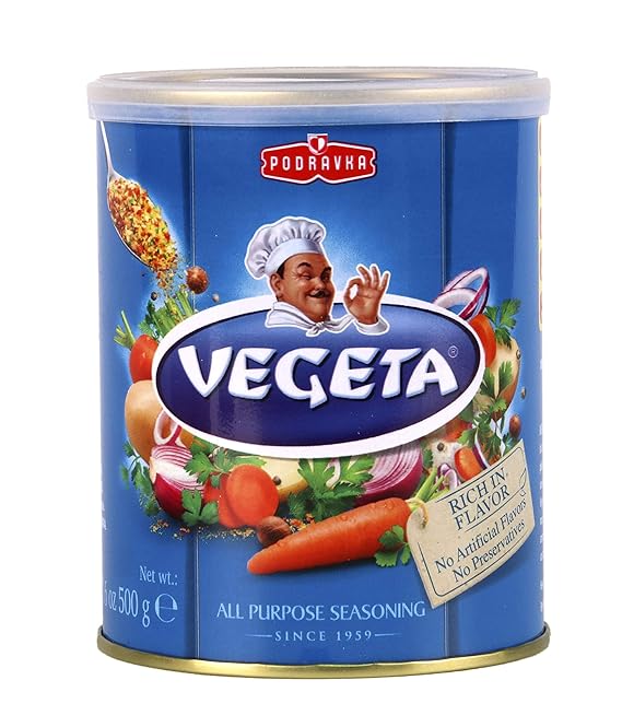 Vegeta Gourmet Seasoning Tin, 17.5 oz. | All-purpose food seasoning for savory dishes. Sprinkle on soup, stew, meat, fish, vegetables, rice, pasta. Made in Croatia.