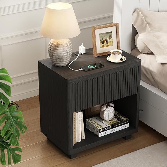 Fluted Nightstand with Charging Station for Bedroom, 24" Wide, Black
