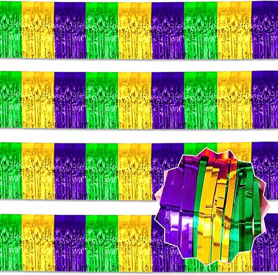 4 Pack 10 Ft Gold Green Purple Foil Fringe Garland Metallic Streamers Tinsel Banner Wall Hanging Garland Backdrop for Parade Floats, Halloween, Christmas, Thanksgiving, New Year Party Decorations