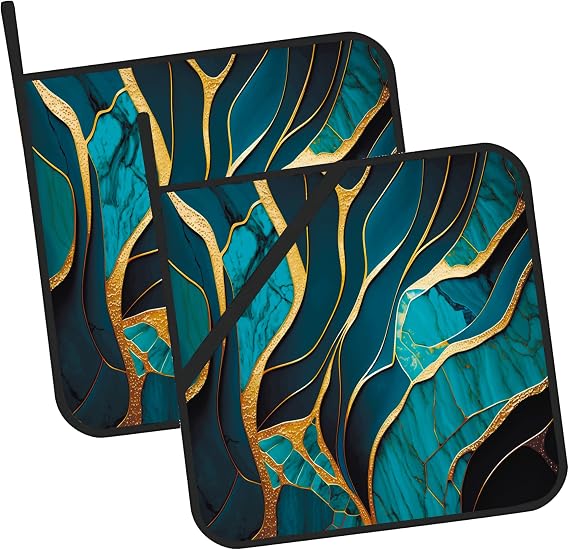 Abstract Turquoise Stone Marble Pot Holders Set of 2 Kitchen Heat Resistant Potholders for Microwave Cooking Baking Oven End Dishes and BBQ Gifts for Women
