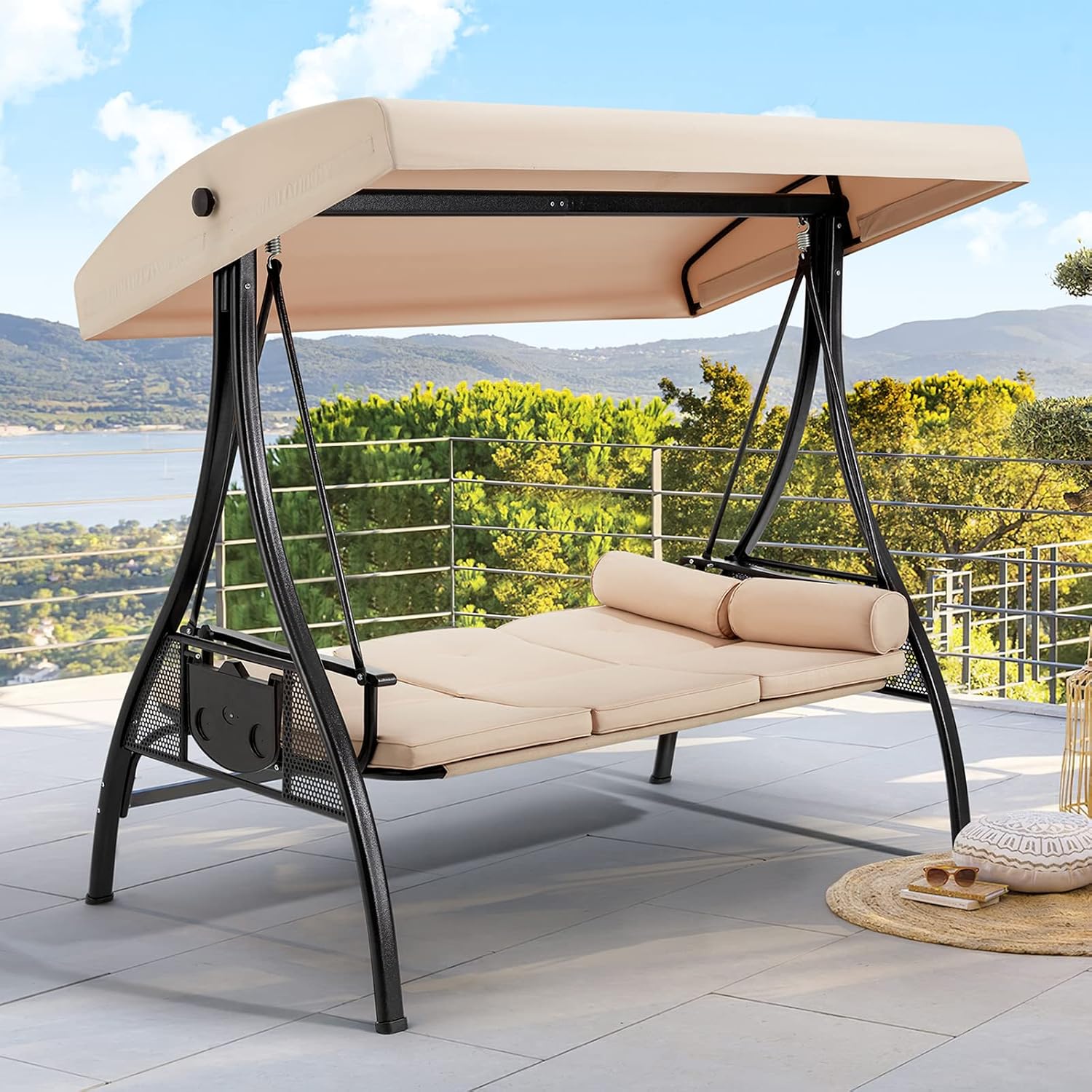 HOMREST 3 Person Outdoor Porch Swing with 1.5 Upgraded Cup Holder, Adjustable Canopy, Backrest, Patio Swing Bed with Weather Resistant Steel Frame, Cushions for Garden,Deck and PoolsideKhaki