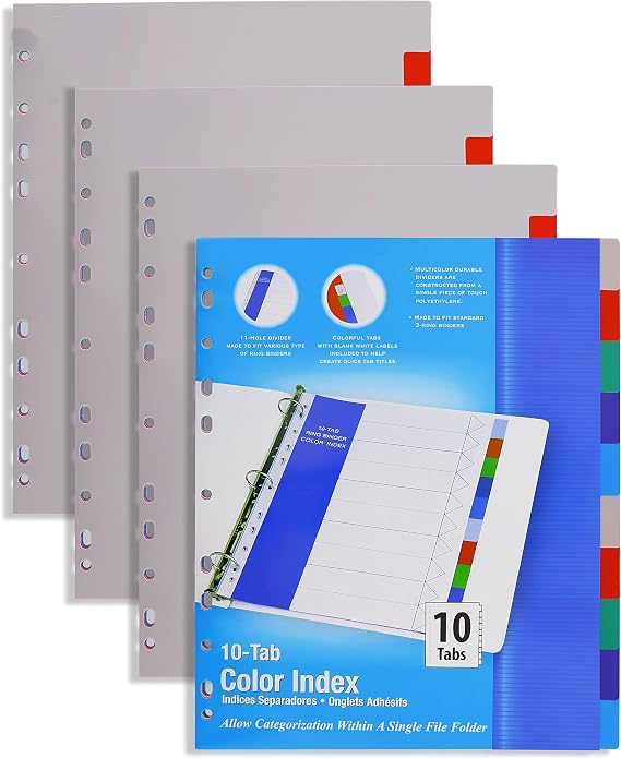 3 Ring Binder Dividers with 10 Insertable Color Tabs, Helps to Organize Documents in Single File Folder, Perfect for School, College, Kids and Adults - By Emraw (Pack of 20)