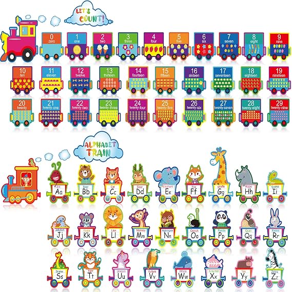 66 Pieces Alphabet Number Train Bulletin Board Set Animals Alphabet Cards Alphabet Numbers Line for Classroom Wall Early Learning Bedroom Nursery Playroom Decorations Children Kids Teens