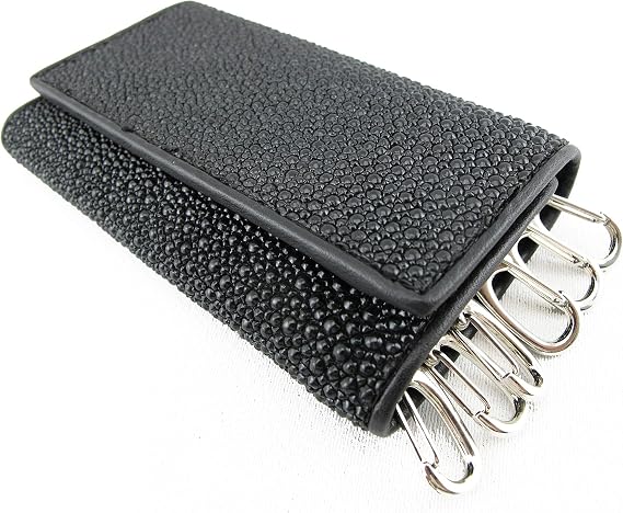Pelgio Genuine Stingray Skin Leather Keychain Key Holder Trifold Wallet Black