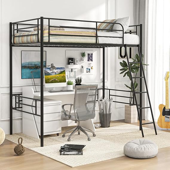GIANTEX Twin Size Loft Bed, Metal Loft Bed Frame with Ladder & Safety Guardrail, Space-Saving with Ample Space Underneath, for Teens Junior and Adults, No Box Spring Need, Black