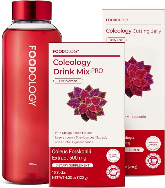 FOODOLOGY Coleology Cutting Jelly + Drink Mix PRO with Red Bottle Set | Prebiotic Fiber, Gut Health & Metabolism Support | Daily Pomegranate Wellness Duo with BPA-Free Portable Bottle | Korean Dietary