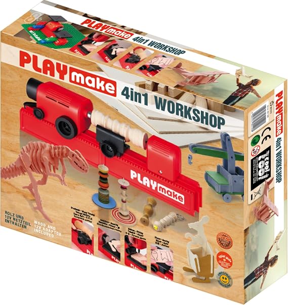 PLAYmake 4in1 Woodworking Craft Tool | 4-Function Including Jigsaw, Lathe, and More | Safe Design for Children | Educational Toy for STEM Learning | Drill, Sander, DIY, Carpentry, Craft, Electric
