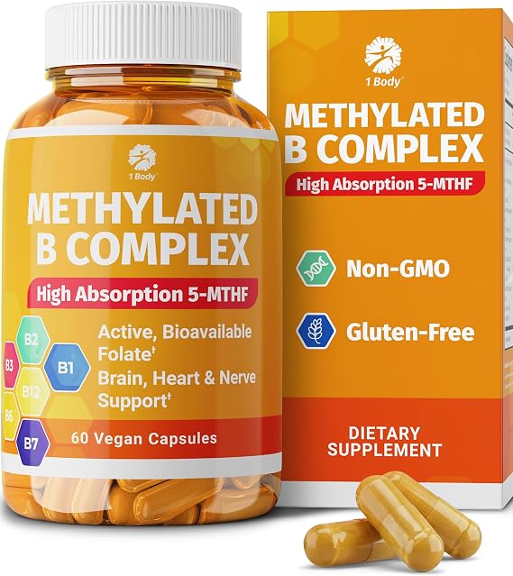 1 Body Methylated Vitamin B Complex, 5-MTHF & Methyl B12, 60 Capsules | 5-MTHF, Methyl B12