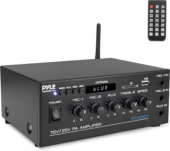 Pyle Compact Mini Home Power Amplifier - 40W Smart Small Audio Stereo Receiver w/AUX, 2 Microphone in, COM/8-Ohm/25V/70V Speakers, LED, Input Selector, for PA, Amplified Speaker Sound System PCM20A.5