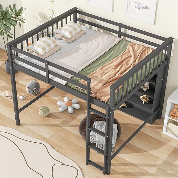 Harper & Bright Designs Full Size Loft Bed with Storage, Solid Wood Loft Beds with Open Storage Shelves, Multi-Functional Loft Bed Frame with Ladder for Kids Boys Girls Teens, Gray