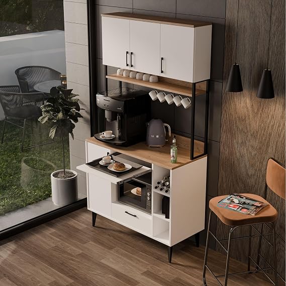 MEZZA 5260 COFFEMATE Kahve Köşesi 105 cm Çok Amaçlı Dolap Kiler Mutfak Dolabı Sepet Beyaz