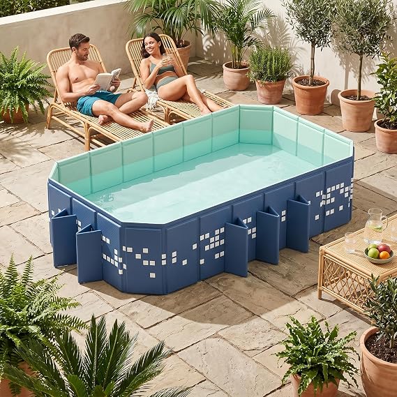 Large Foldable Swimming Pool, Mosaic Design Non-Inflatable Rectangular Pool, Oversized Thickened Framed Pool, Collapsible Pool for Kids Adults, Backyard Outdoor Pool 87"x53"x19.7"- Blue