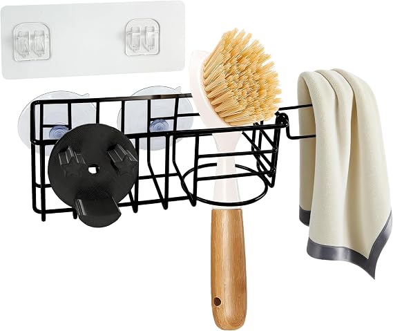 Sponge Holder Smile Face with Dish Cloth Hanger for Kitchen Sink, In-sink Caddy Organizer with Suction Cups & Adhesive Strips, Rustproof Sponge Rack for Soap, Brush, Scrubber - Black