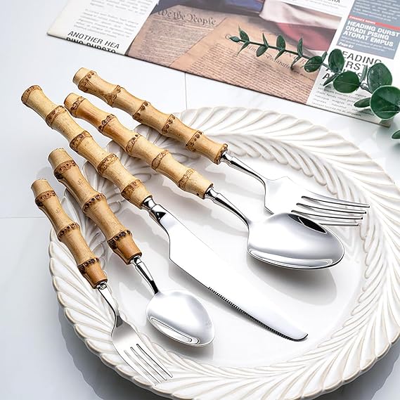 bamboo handle flatware sets for 12, 60 Piece Natural bamboo handle cutlery sets, silverware sets, dinnerware tableware set, Mirror Finished (60-Piece for 12)