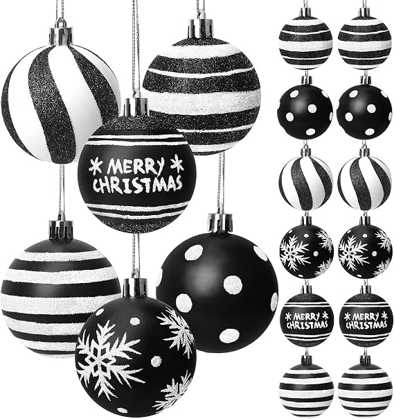 Tsorode 12 Pcs Black and White Christmas Ornaments,2.4 Inch Glitter Halloween Ornaments,Black White Stripe Dot Hanging Bulbs Christmas Ball Ornaments for Tree Xmas Halloween Decorations Holiday Decor