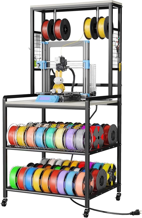 kepptory 3D Printer Stand with Power Outlet, Rolling Storage Cart w/Filament Spool Holder, Lockable Wheels Heavy Duty Rack for Ender 3 Ender 5 CR10 Desktop 3D Printers, Gray