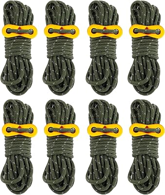 8 Pack 4mm Guy Lines Ultralight Tent Cords with Aluminum Adjuster Tensioner Outdoor Camping Guylines Ropes for Tent Tarp,Climbing,Hiking Backpacking Army-Green
