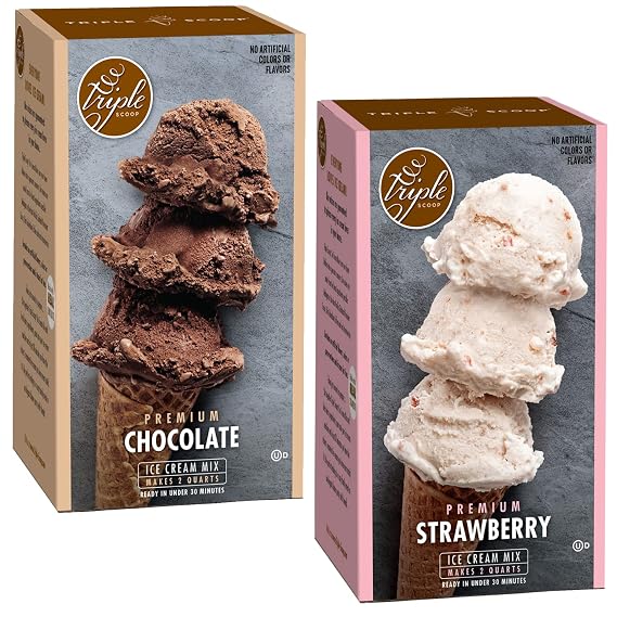 Triple Scoop Ice Cream Mix Pairings | Strawberries & Chocolate | Ice Cream Starter | Use with Home Ice Cream Maker | No artificial colors or flavors | Ready in under 30 mins (2/15oz Boxes)