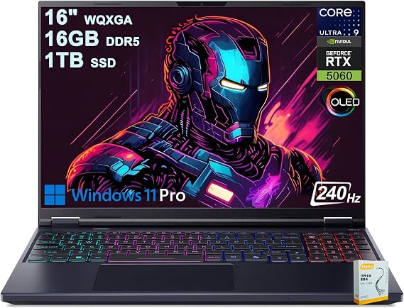 Acer Predator Helios Neo 16S AI Gaming Laptop | 16" 2560x1600 OLED 240Hz G-SYNC | Intel 24-core Ultra 9 275HX | 16GB DDR5 1TB SSD | GeForce RTX 5060 (Up to 572 AI Tops) Win11Pro w/DLCA Accessory