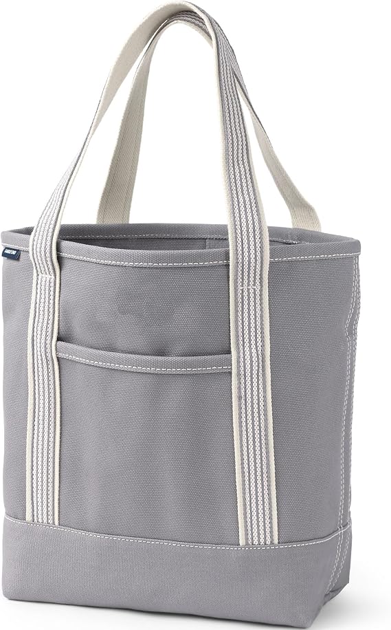 Lands' End Open Top Canvas Tote Bag Medium Regular Handle Silver Graphite | 100% Cotton Canvas, Five Pockets, Key Strap, Water-Resistant Base, Stands Upright, Beach Bag, Travel Tote, Grocery Tote