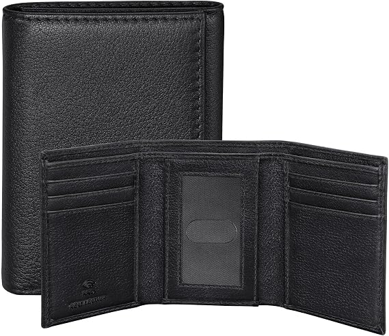 RUNBOX Top Grain Leather Mens Trifold Wallet, RFID Blocking Slim Minimalist Design for 9-12 Cards, with ID Window, Gift for Him